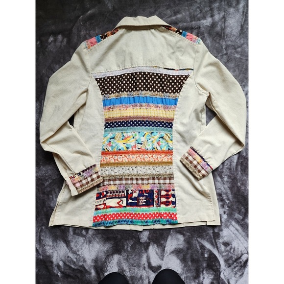 Latch On Tops - Latch On Vintage 70s Patchwork Style Button Down Shirt Womens 16 Tan Multi-Color